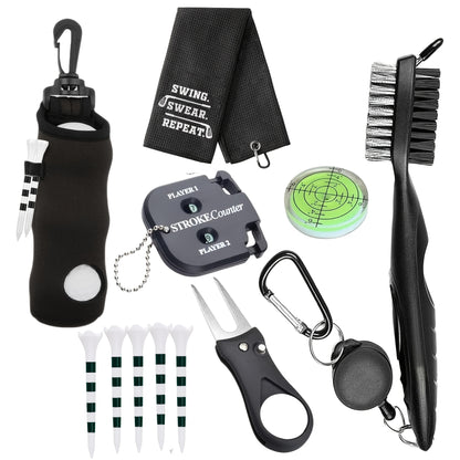 11‑Piece Golf Accessory Set, Including A Golf Bag, Clip‑On Tee Holder, Golf Towel, Cleaning Brush, Ball Marker, Divot Repair Tool, And Score Counter.