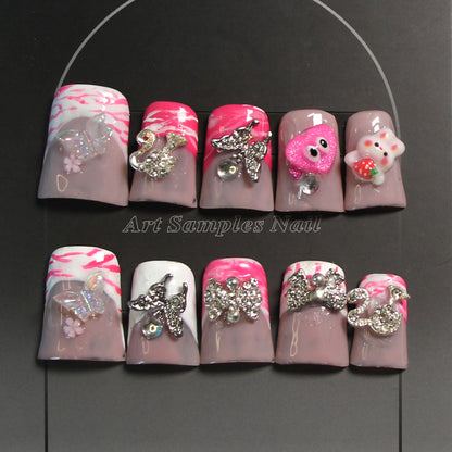 8-piece Set Mixed Style 3D Rhinestone & Charm Press On Nails Set - Reusable Artificial Fake Nails for Daily & Party Wear