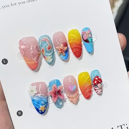 New Handmade 3D Embossed Press-On Nails, Gradient Shell Starfish Floral Design, Elegant & Skin-Flattering