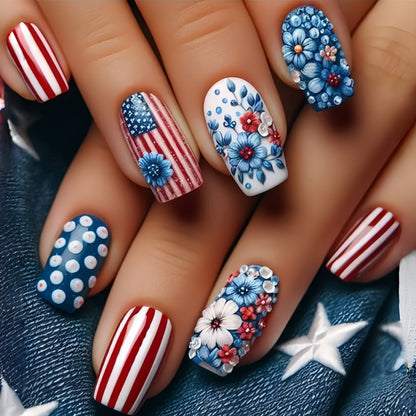 24pcs/set Short Medium square ballet fake nails tip for American Independence Day blue red flowers star flag press on false nail