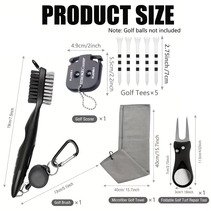 Complete Golf Cleaning Kit (with accessories): Club Cleaning Brush, Score Counter, Divot Tool, Microfiber Towel, and Wooden Tee Gift Set—Designed for Golf Enthusiasts.