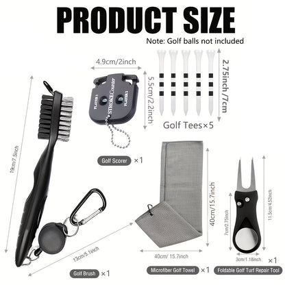 Complete Golf Cleaning Kit (with accessories): Club Cleaning Brush, Score Counter, Divot Tool, Microfiber Towel, and Wooden Tee Gift Set—Designed for Golf Enthusiasts.