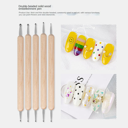 5pc Professional 2 ways Nail Art Dotting Pen Wood Steel DIY Dotting Pens Rhinestones Gem Picker Manicure Tools