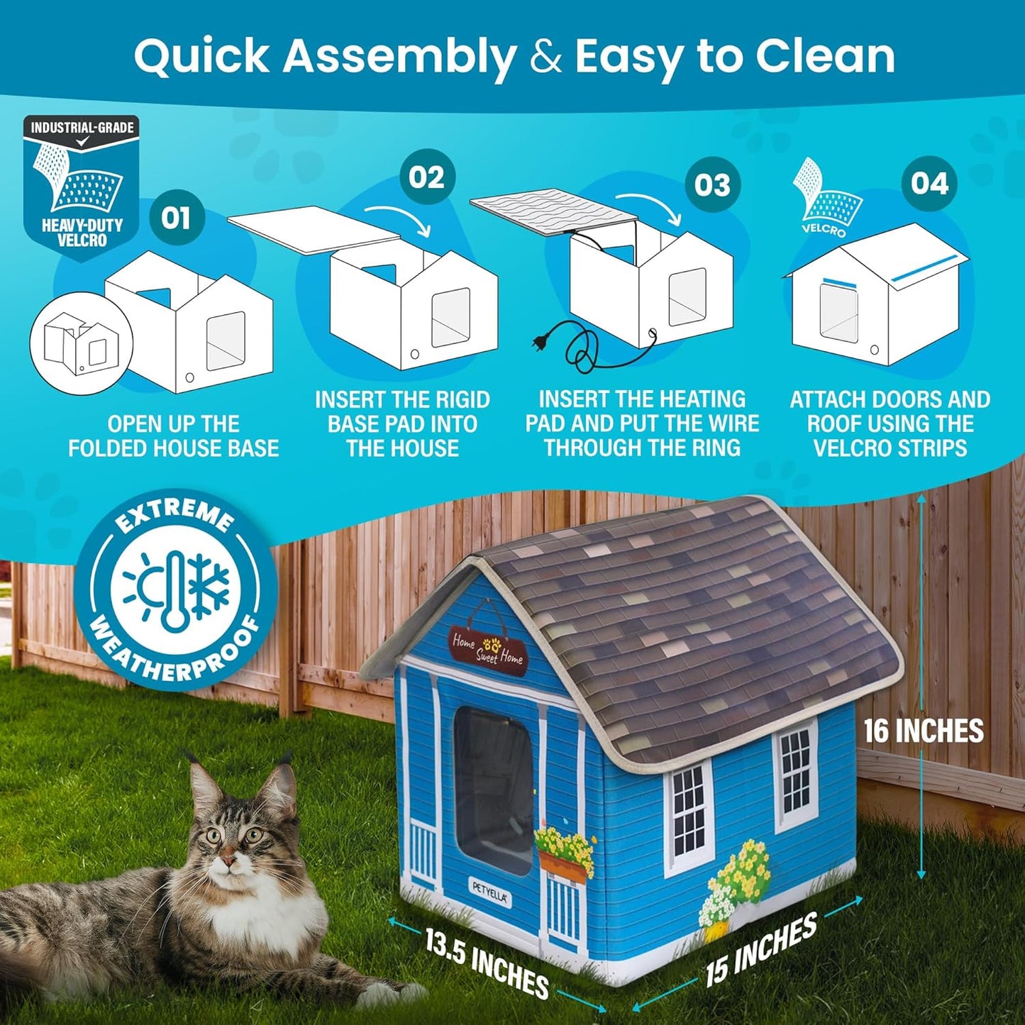 Deluxe Heated Cat House For Winter | Weatherproof & Insulated | Easy Assembly | Cat Heating Pad | Dual Escape Doors | Outdoor & Indoor Use | Blue Tiles Pethouse