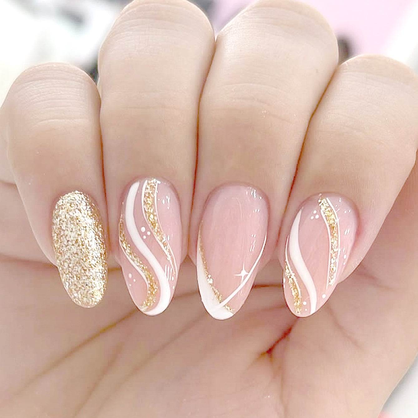 24pcs/almond false nails, gold thread wear nails, simple press-on nails