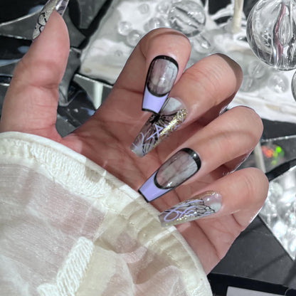 10-Piece Dreamy Purple-Black Geometric Wearable Nails | Mysterious Line Fingertip Fashion Nail Art