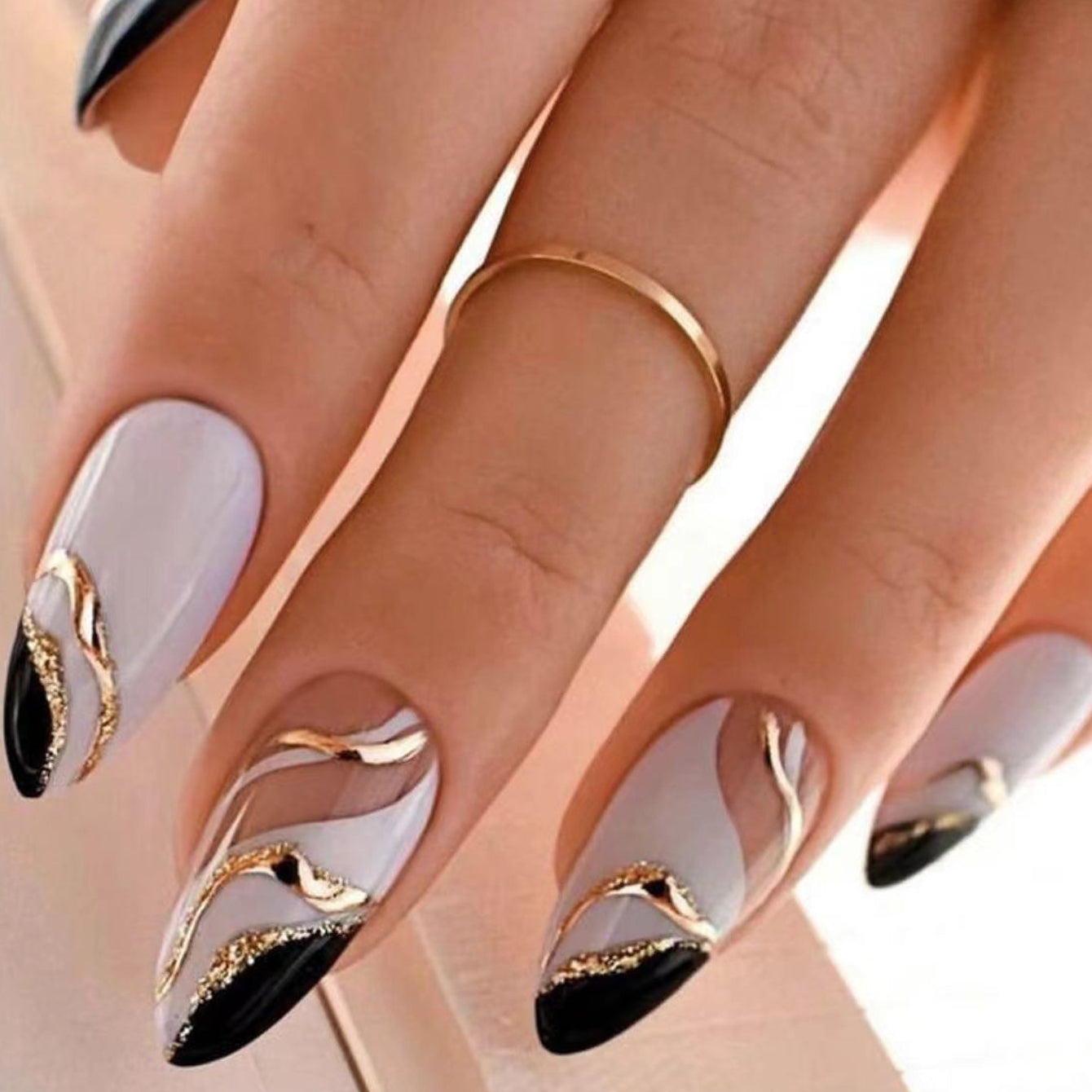 24pcs/almond false nails, gold thread wear nails, simple press-on nails