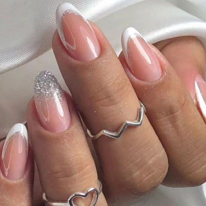 24-Piece Almond Rhinestone Inlay Silver Glitter Fake Nails | Refined Elegant Wearable Nail Art