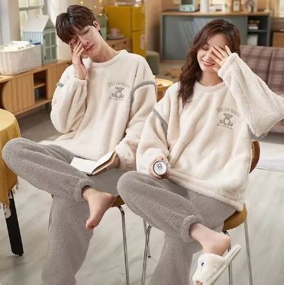 Couples' pajama sets, thickened and warm coral - fleece loungewear for autumn and winter, unisex.