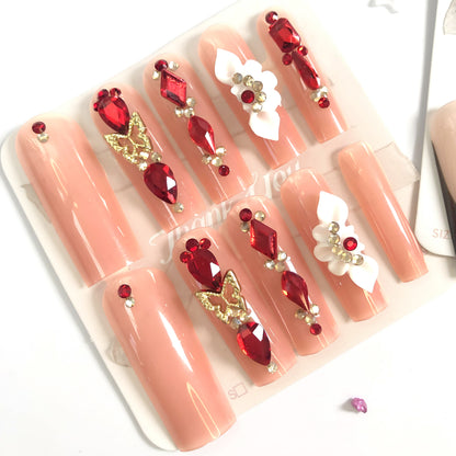 3-piece set, 36 nail tips  set of elegant and luxurious wearable press-on nails in nude with stunning black, red and decorative accents