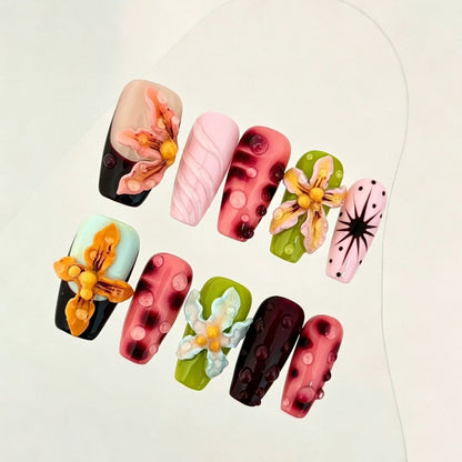 Handmade Devil Flower Painted 3D Carved Press-On Nails, Tropical Vacation Style for Hot Girls