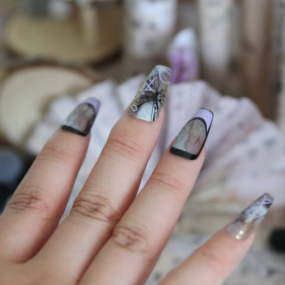 10-Piece Dreamy Purple-Black Geometric Wearable Nails | Mysterious Line Fingertip Fashion Nail Art