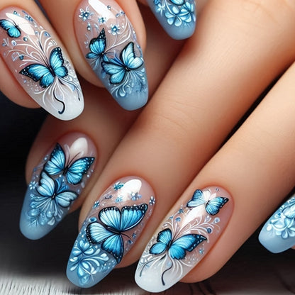 24Pcs French Flash White Border Cherry Blossom Rhinestone Fake Nails | Whitening Detachable Festival Nail Set