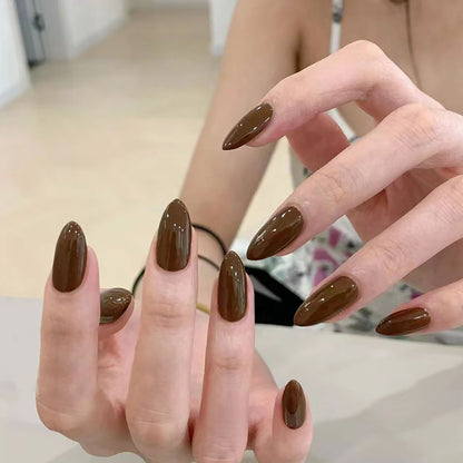 24Pcs/Set Nude Long French Almond Coffin Fake Nails | Pink Grey Brown Fall Winter Press-On Faux Ongles