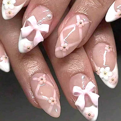 24Pcs French Flash White Border Cherry Blossom Rhinestone Fake Nails | Whitening Detachable Festival Nail Set