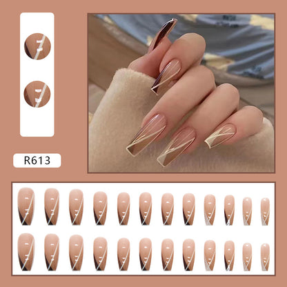24 - piece Brown - Gold Line Nail Art Wearable Nails - Stylish, Unique and Whitening Long - style Fake Nails