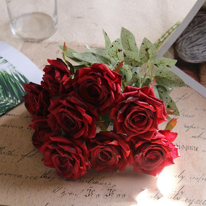 Retro-Style Wine Red Artificial Rose Bouquet | European-Style Floral Decor | Wedding Room Tabletop Decoration with Multi-Color Accents