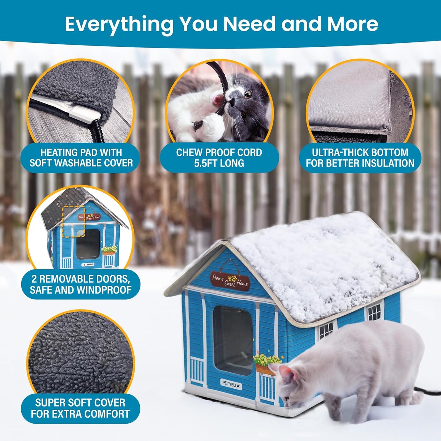 Deluxe Heated Cat House For Winter | Weatherproof & Insulated | Easy Assembly | Cat Heating Pad | Dual Escape Doors | Outdoor & Indoor Use | Blue Tiles Pethouse