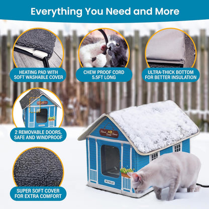 Deluxe Heated Cat House For Winter | Weatherproof & Insulated | Easy Assembly | Cat Heating Pad | Dual Escape Doors | Outdoor & Indoor Use | Blue Tiles Pethouse