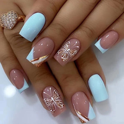 4 Packs/96 Pcs Medium-Long Square Blue-Green Butterfly Nail Set | Fresh Natural with Gold Lines (Casual Daily Wear)