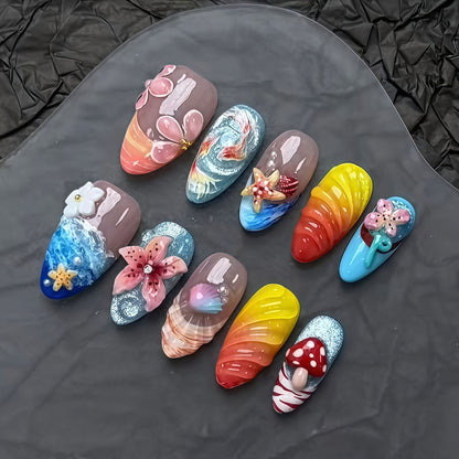 New Handmade 3D Embossed Press-On Nails, Gradient Shell Starfish Floral Design, Elegant & Skin-Flattering