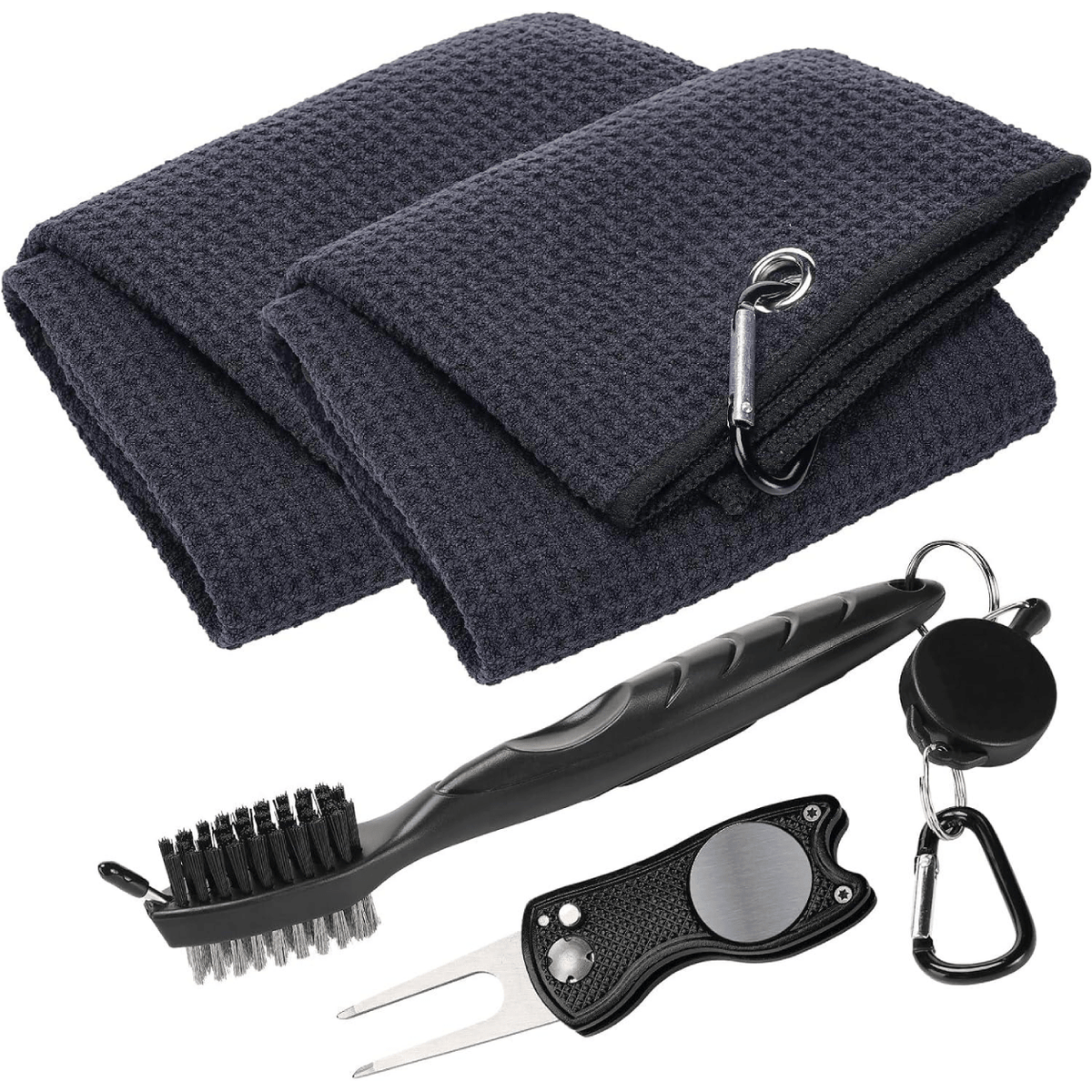 4-Piece Golf Cleaning Kit – Includes Golf Towel, Dual-Bristle Clubhead Brush, and Divot Repair Tool; Suitable for Golf Bags