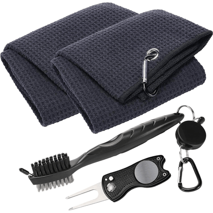4-Piece Golf Cleaning Kit – Includes Golf Towel, Dual-Bristle Clubhead Brush, and Divot Repair Tool; Suitable for Golf Bags