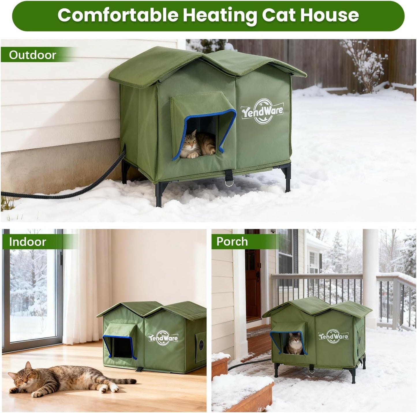 Outdoor Heated Cat House | Elevated Base | Cat-Attracting Eave Design | Feral Stray Shelter | Weatherproof For Winter | Garage Yard Porch Use | Size L
