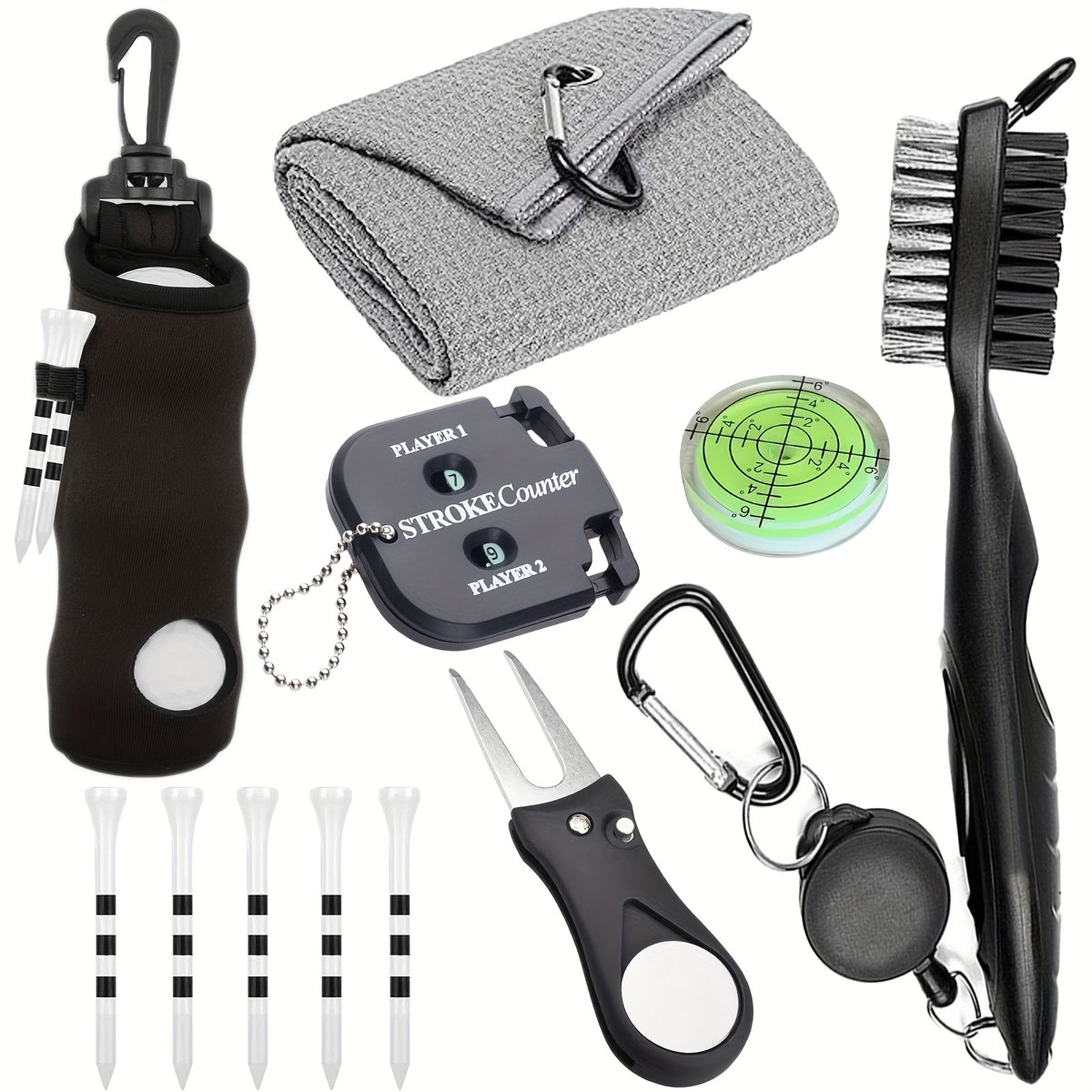 7-piece men's golf accessory set, new golf cleaning kit:  Towel, Pouch, Brush, Level, Score Counter, Tee Tool