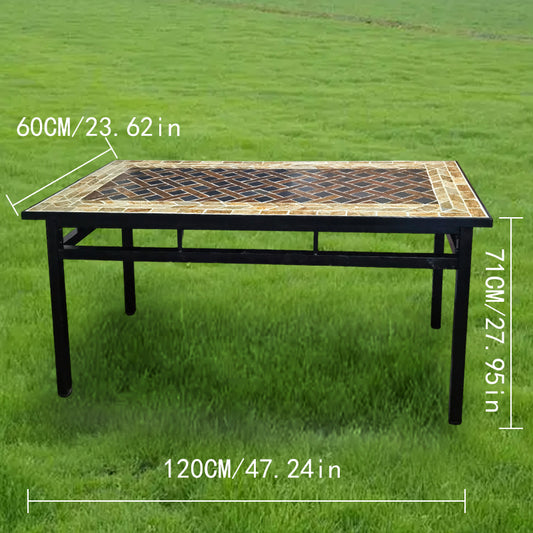 Large rectangular garden stone table, patio furniture, barbecue table, outdoor furniture, coffee and tea table, hard stone mosaic tabletop, wrought iron table frame with black paint finish.