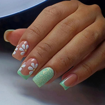 4 Packs/96 Pcs Medium-Long Square Blue-Green Butterfly Nail Set | Fresh Natural with Gold Lines (Casual Daily Wear)