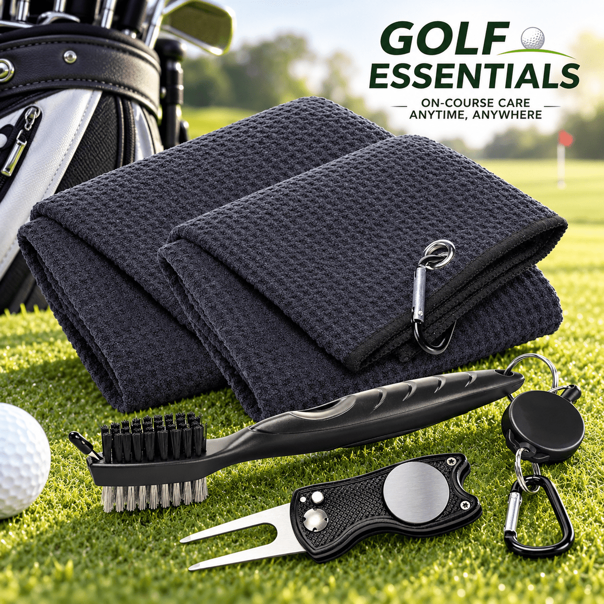 4-Piece Golf Cleaning Kit – Includes Golf Towel, Dual-Bristle Clubhead Brush, and Divot Repair Tool; Suitable for Golf Bags