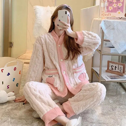 Thickened warm pink peach coral velvet 2-piece set sweet sleepwear casual wear winter women's cardigan pajamas fashion home wear