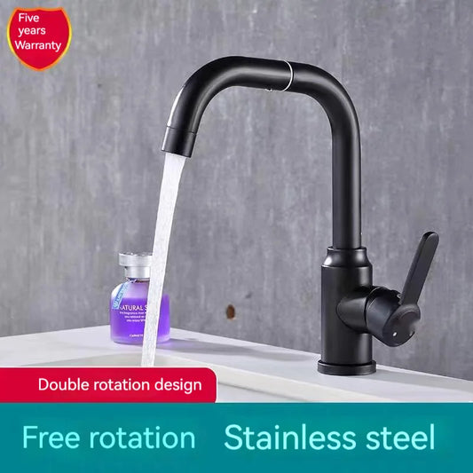 Luxurious matte black 7-shaped faucet for bathroom stainless steel washbasin with 360-degree rotation.