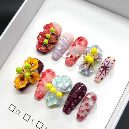 Handmade 3D Floral Press-On Nails, Dopamine Burst Design, Tropical Floral Style