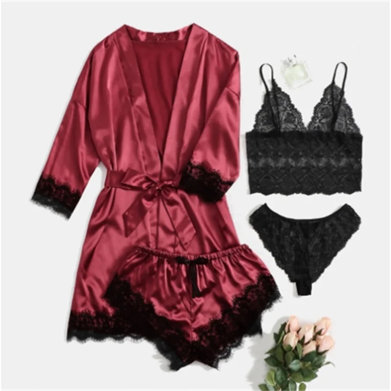 Summer Hot Selling Women's Pajamas Set Lace Four piece Sling Set Casual Comfortable Pajamas