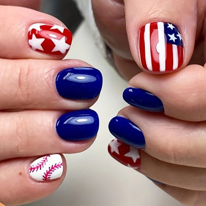 24Pcs Independence Day Glossy Square Press-On Nails | American Flag False Nail Tips