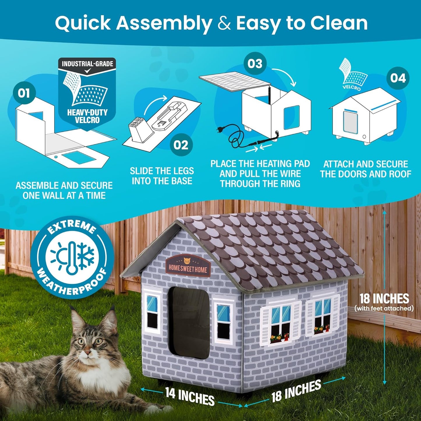 Deluxe Heated Cat House For Winter | Weatherproof & Insulated | Easy Assembly | Cat Heating Pad | Dual Escape Doors | Outdoor & Indoor Use | Blue Tiles Pethouse