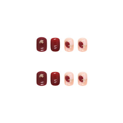 24Pcs Wearable Removable False Nails | Red Sweetheart Whitening Chessboard Love Nail Art Stickers