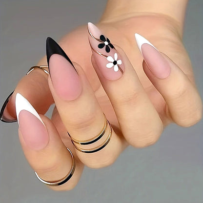 24Pcs French Flash White Border Cherry Blossom Rhinestone Fake Nails | Whitening Detachable Festival Nail Set
