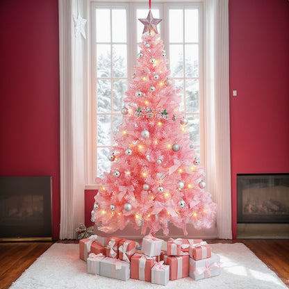 Pink Christmas Tree Set. It comes with a set combination and a metal stand. With soft color tones and dreamy colors, it helps create a festive atmosphere and adds a cozy feeling.