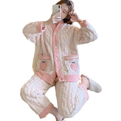 Thickened warm pink peach coral velvet 2-piece set sweet sleepwear casual wear winter women's cardigan pajamas fashion home wear