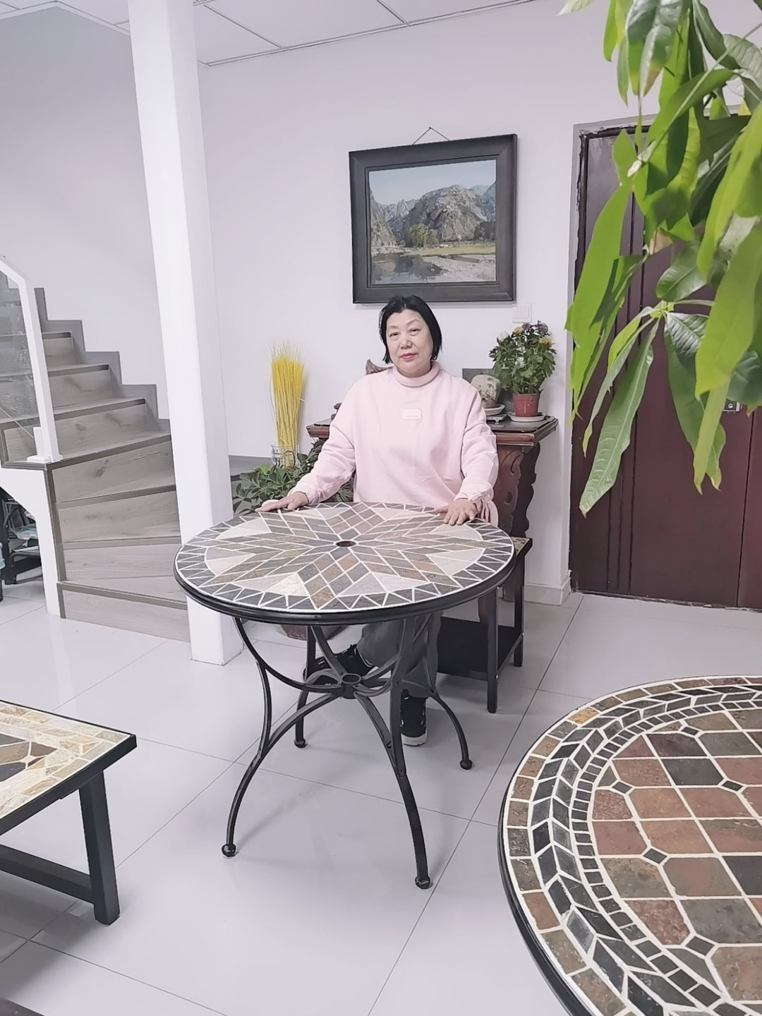 Large Round Garden Stone Table | Colorful Collage Art Tabletop for a Cozy Outdoor Space