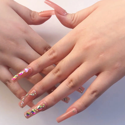 24 nail tips Luxury Rhinestone Nail Set: Nude Pink Base Meets Colorful Rhinestones, Lighting Up Finger - tip Charm