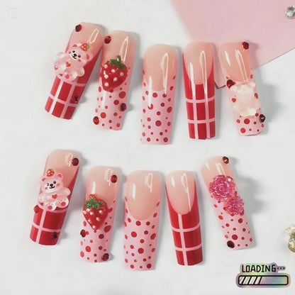 24 nail tips Strawberry & Bear Cute Nails，Fashionable nail art, handmade nail art