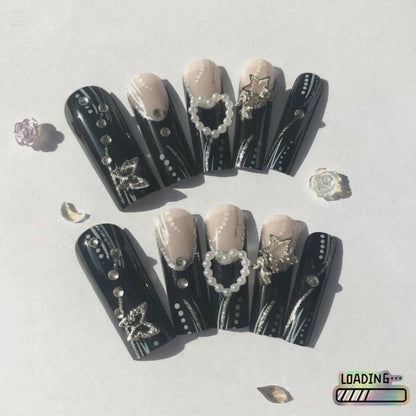 24 nail pieces Obsidian Aurora Black Nails | Galaxy-Glow Gradient