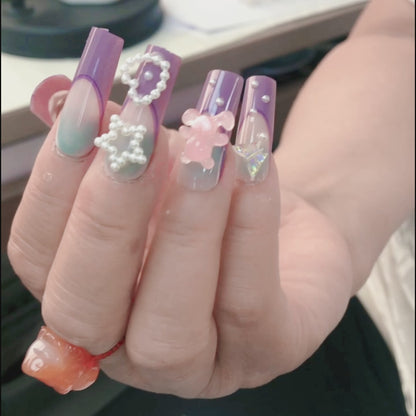 24 pcs Precious pieces Purple - pink gradient nail stickers, adorned with pearls, stars and bows, encounter a fairy tale on your fingertips.