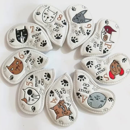 Cute Cartoon Cat Golf Iron Headcover Set PU Waterproof Golf Club Protective Covers Golf Accessories