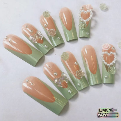 24 pcs Peach - Green Sweet Dream Wearable Manicure Fashionable handmade nail art