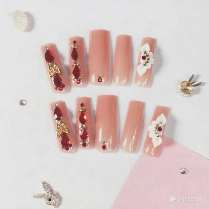 Precious Red - Diamond Nail Stickers: Encountering Luxurious Floral Charms on Nude - Pink Bases